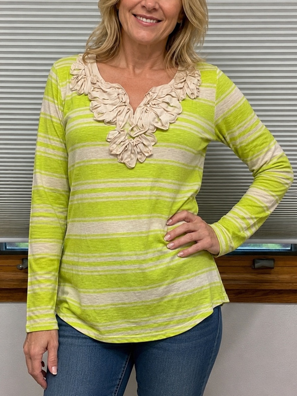 Max Studio NWT Bright green and cream striped long sleeve t-shirt Size Small